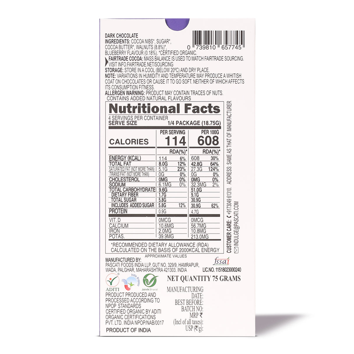 Chocolate Blueberry Walnut Dark, India Organic Chocolate, 75G (Pack Of 2)
