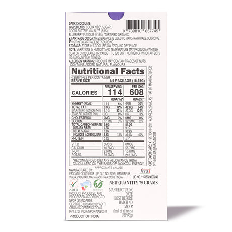 Chocolate Blueberry Walnut Dark, India Organic Chocolate, 75G (Pack Of 2)