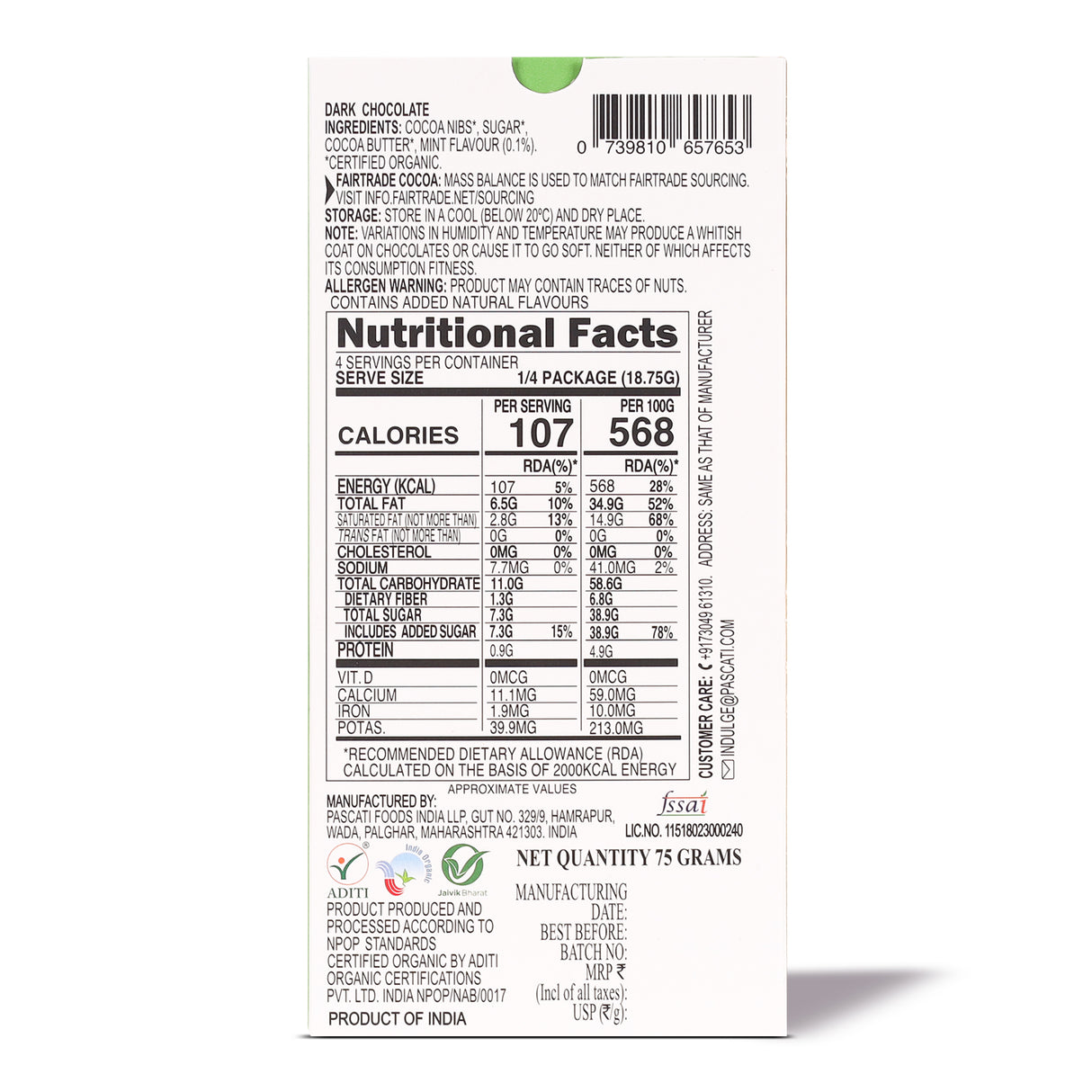 Chocolate Mint Dark, Organic Chocolate, 75g, (Pack of 2)