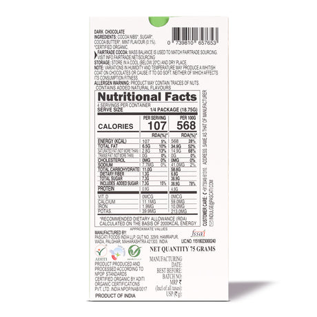 Chocolate Mint Dark, Organic Chocolate, 75g, (Pack of 2)