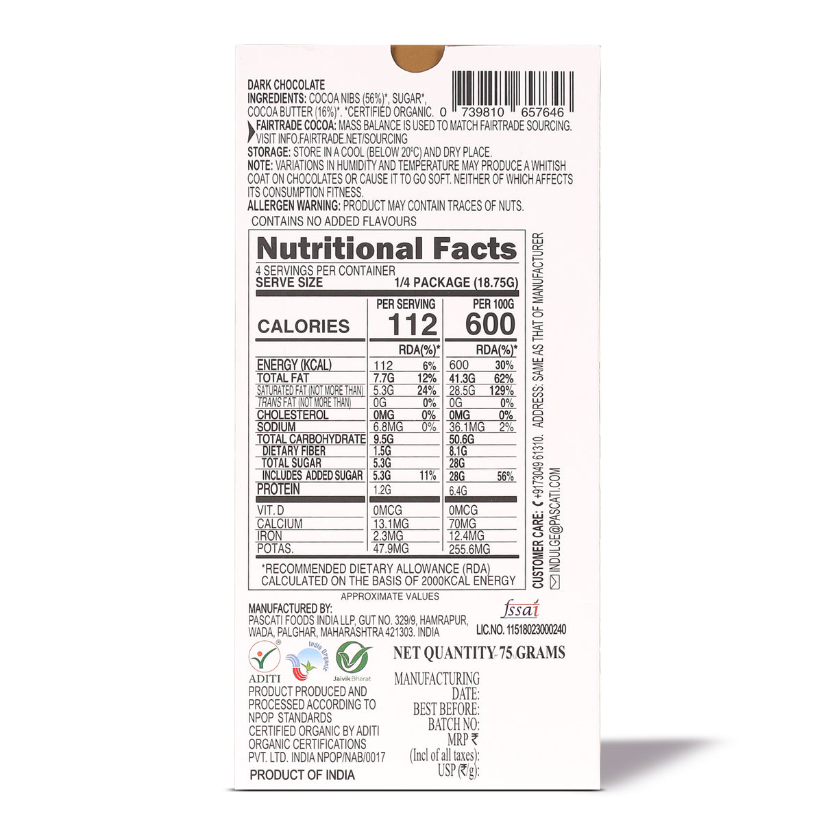 72% Dark India Organic Chocolate, 75g [Pack of 2]