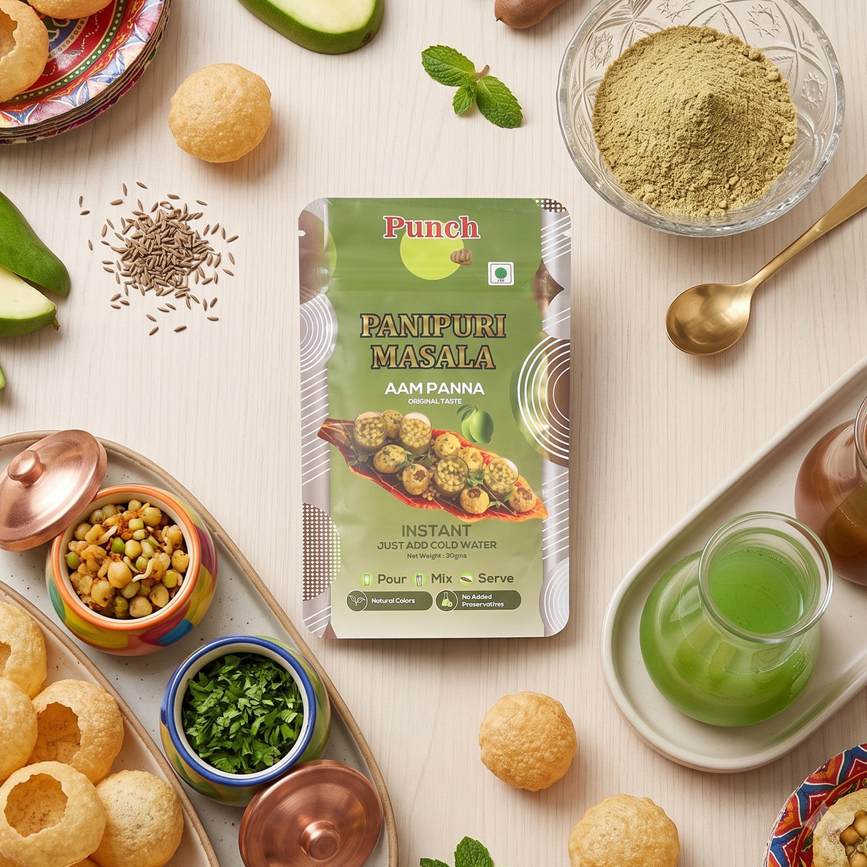Punch Panipuri Masala Aam Panna, 30g (Instant Pani Puri Masala Mix | Authentic Tangy & Spicy Raw Mango Flavour | Just Add Water | No Added Preservatives)