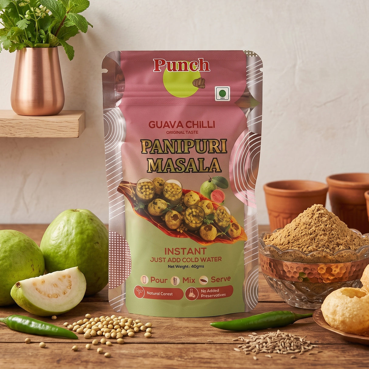 Punch Panipuri Masala Guava Chilli, 40g (Instant Pani Puri Masala Mix | Tangy, Fruity & Spicy Guava Flavour | Just Add Water | No Added Preservatives)