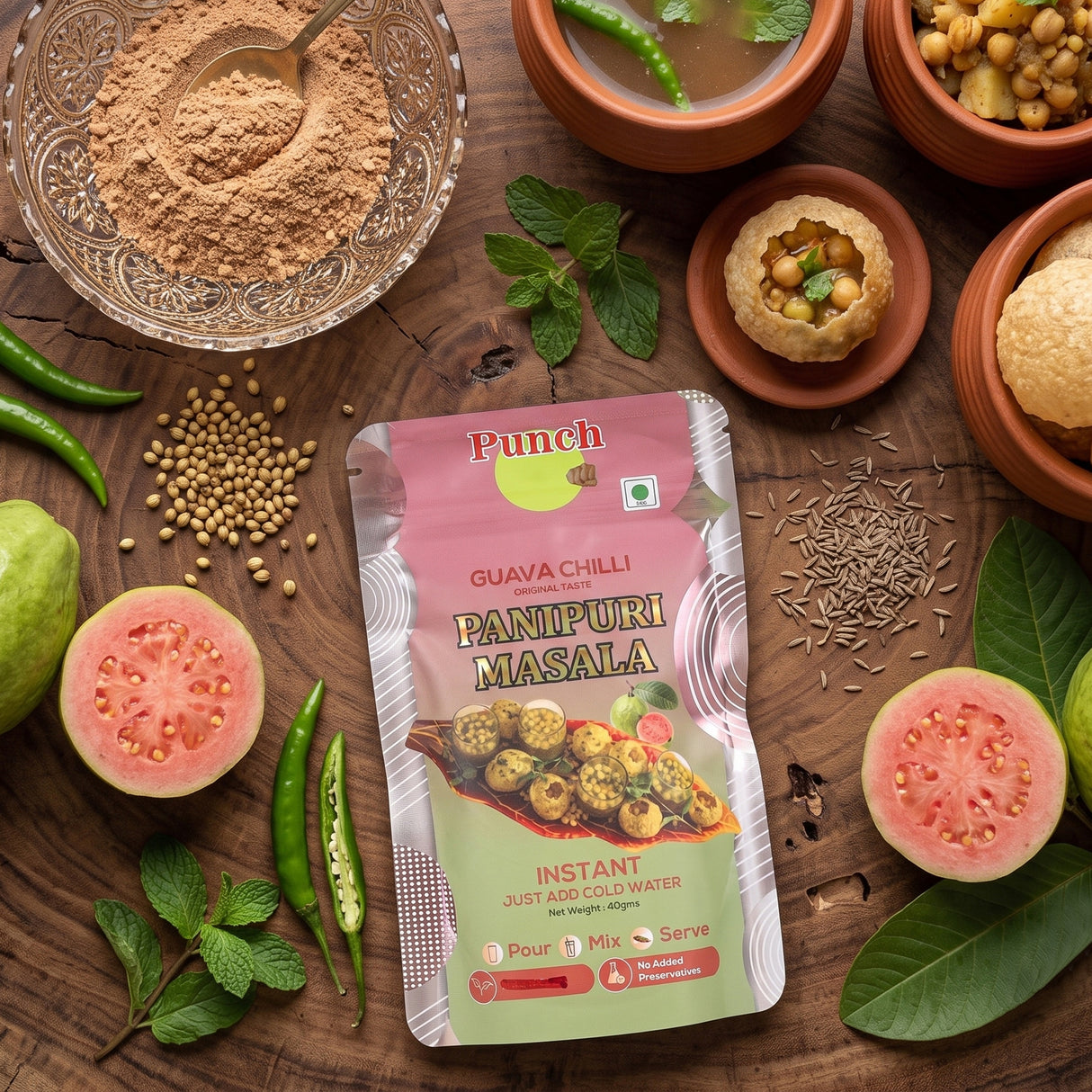 Punch Panipuri Masala Guava Chilli, 40g (Instant Pani Puri Masala Mix | Tangy, Fruity & Spicy Guava Flavour | Just Add Water | No Added Preservatives)
