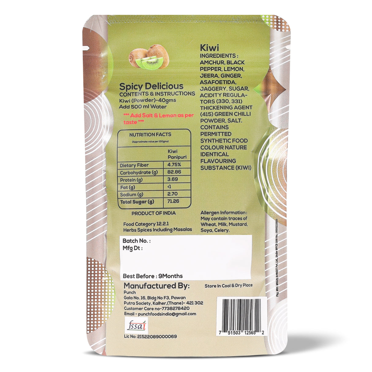 Kiwi Panipuri Masala, 40g (Instant Pani Puri Masala Mix | Tangy & Refreshing Kiwi Flavour | Just Add Water | No Added Preservatives)