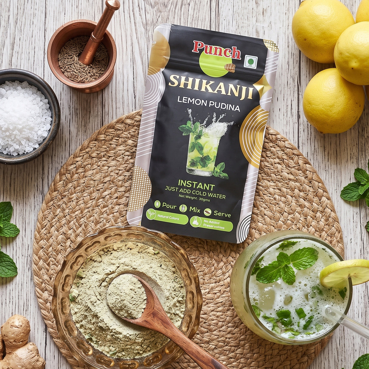 Instant Shikanji Mix Lemon Pudina, 30g (Instant Indian Lemonade Powder | Refreshing Mint & Lemon Drink Mix | Just Add Water or Soda | No Added Preservatives | Makes 3 Servings)
