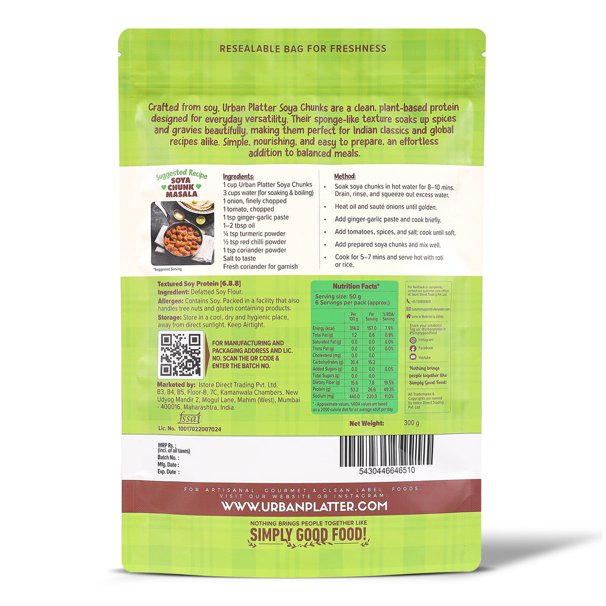 Soya Chunks, 300g (53% Plant Protein | Made from Defatted Soy Flour | Fiber Rich Soya Wadi))