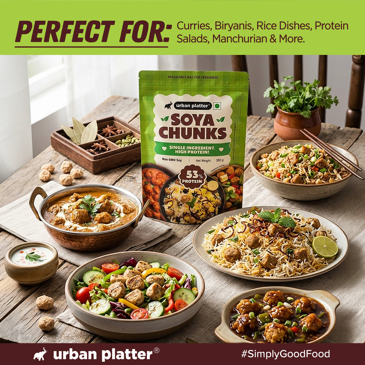Soya Chunks, 300g (53% Plant Protein | Made from Defatted Soy Flour | Fiber Rich Soya Wadi))