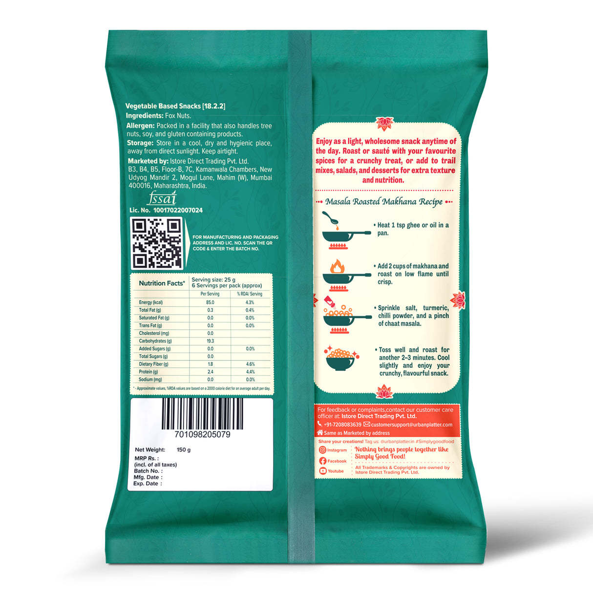 Makhana, 150g  (Popped Water Lily Seeds, Source of Protein and Fiber, Unroasted and Unsalted)
