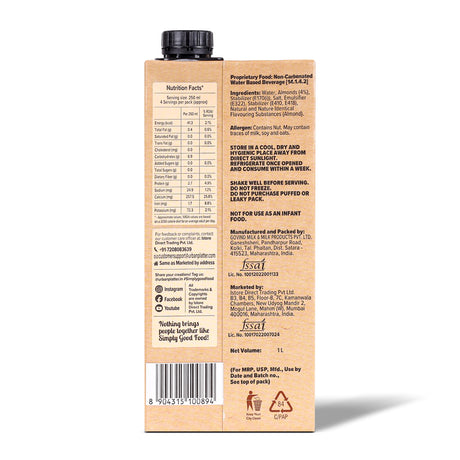 Almond Milk, 1 Litre (Unsweetened | Lactose-Free | Plant-Based Milk Alternative | Works Beautifully in Tea and Coffee)