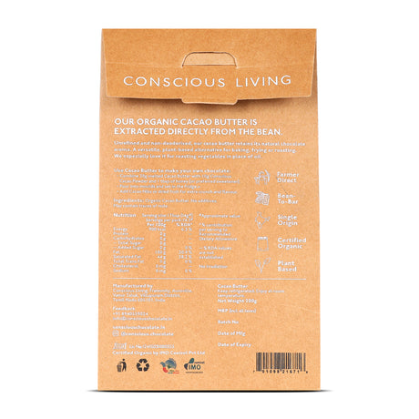 Non-Deodorised Organic Cacao Butter, 200g (Organic Cacao, Gluten Free, Soy Free, Plant-based)