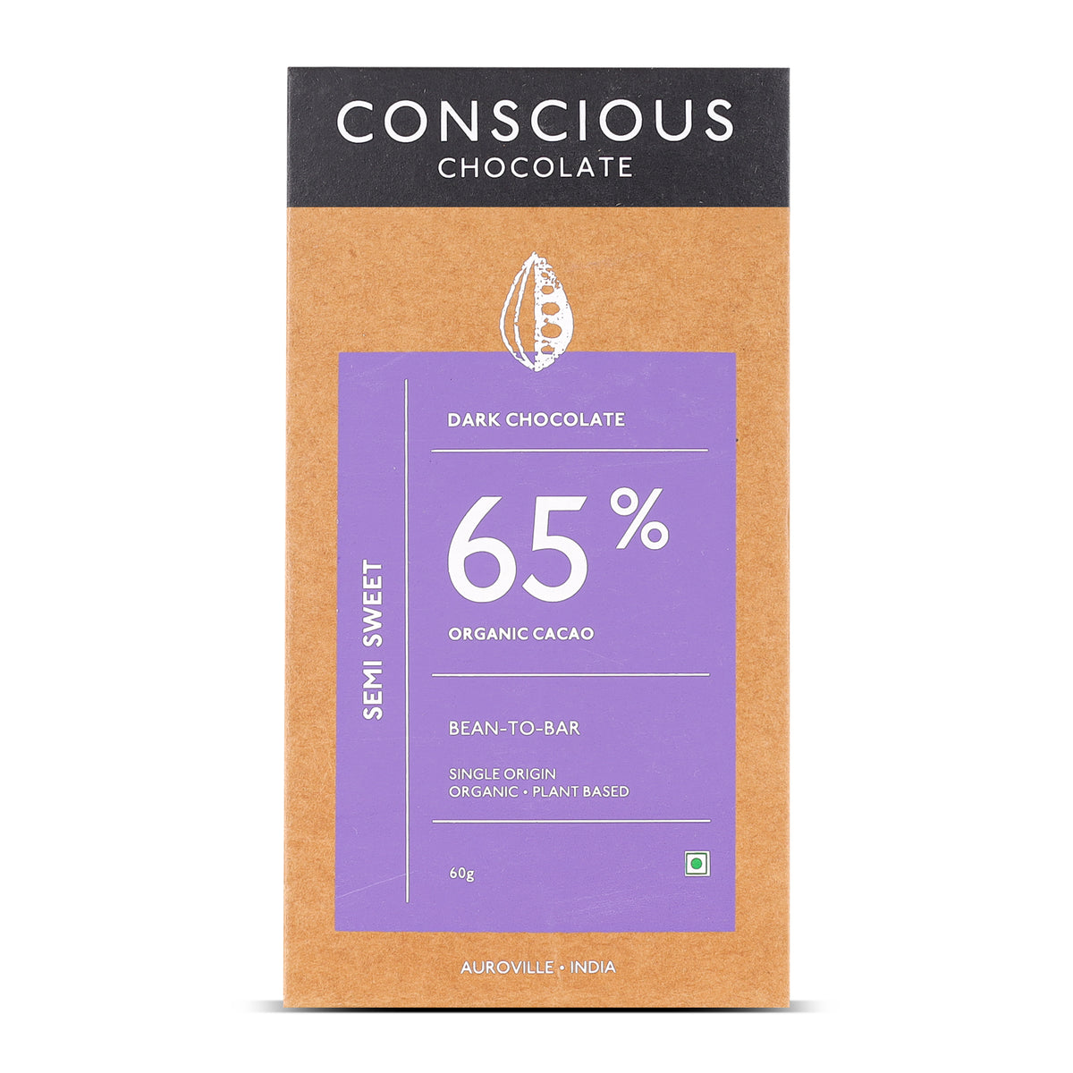 65% Semi-Sweet Dark Organic Exotic Artisanal Chocolate Bar, 60g