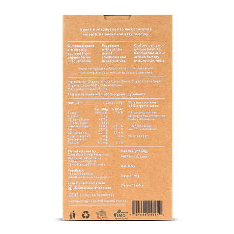 65% Semi-Sweet Dark Organic Exotic Artisanal Chocolate Bar, 60g