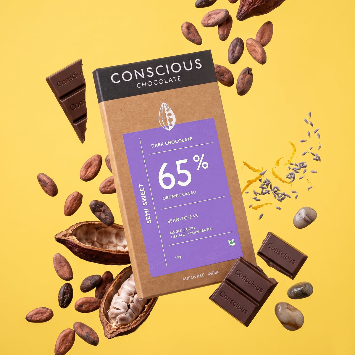 65% Semi-Sweet Dark Organic Exotic Artisanal Chocolate Bar, 60g