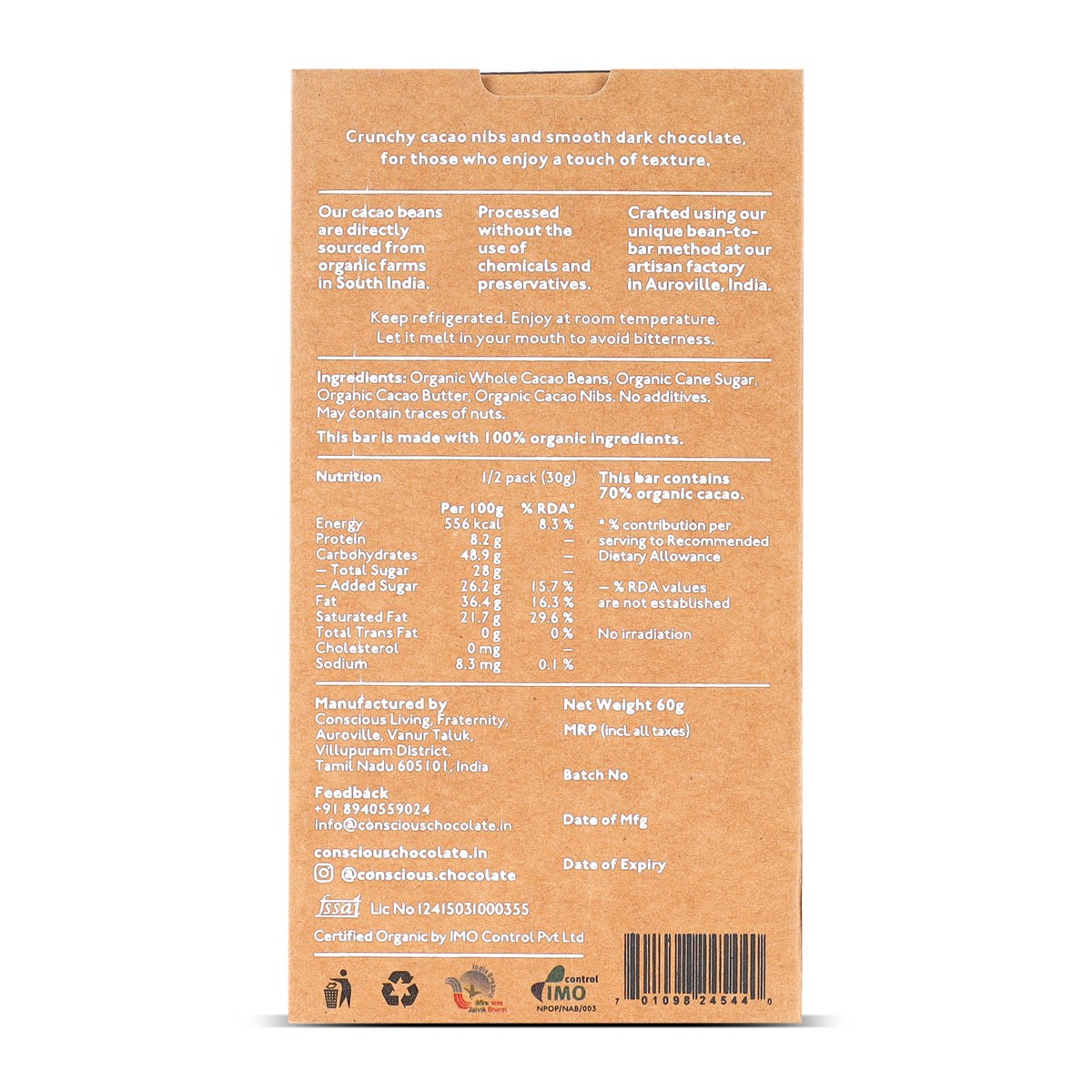 70% Cacao Chip Dark Chocolate, 60g