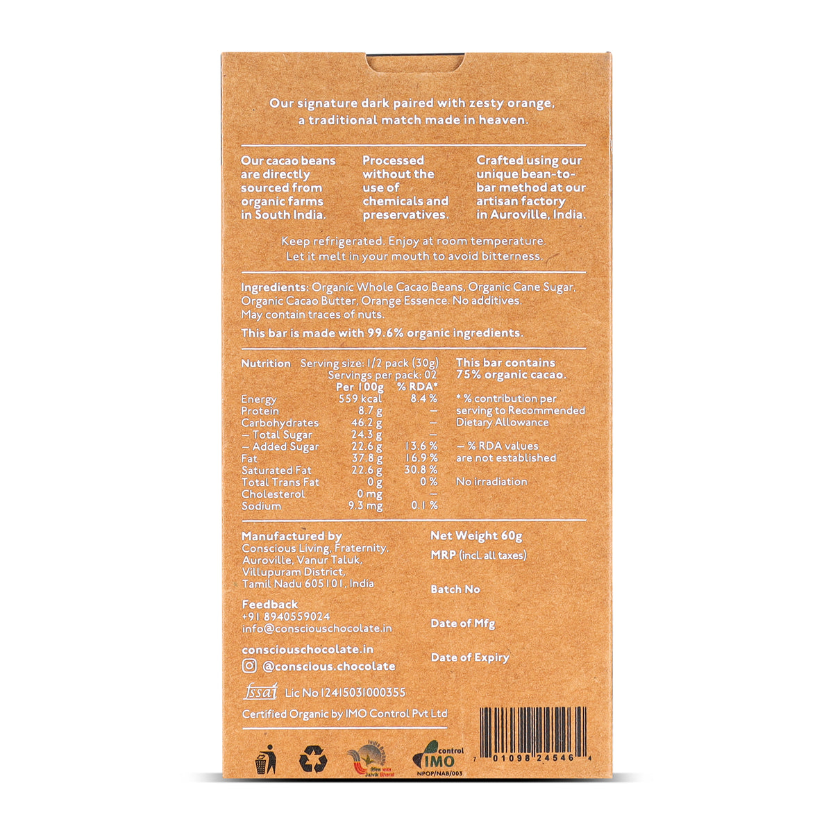 75% Zesty Orange Dark Organic Exotic Artisanal Chocolate, 60g