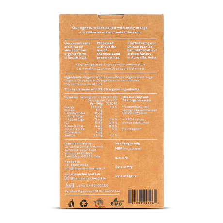 75% Zesty Orange Dark Organic Exotic Artisanal Chocolate, 60g