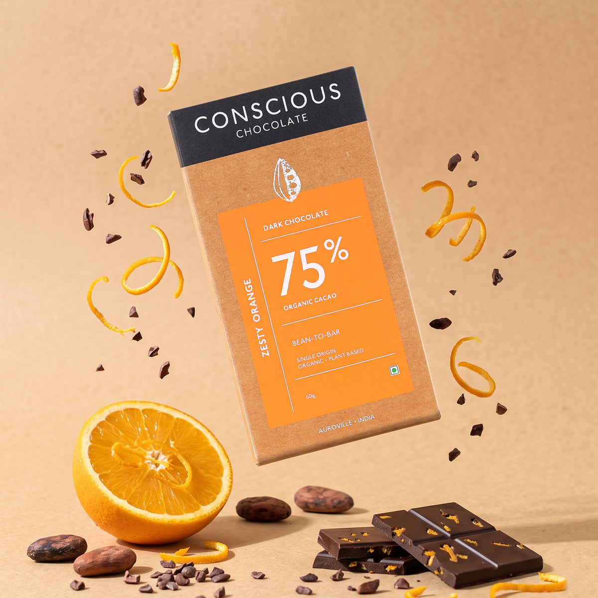 75% Zesty Orange Dark Organic Exotic Artisanal Chocolate, 60g