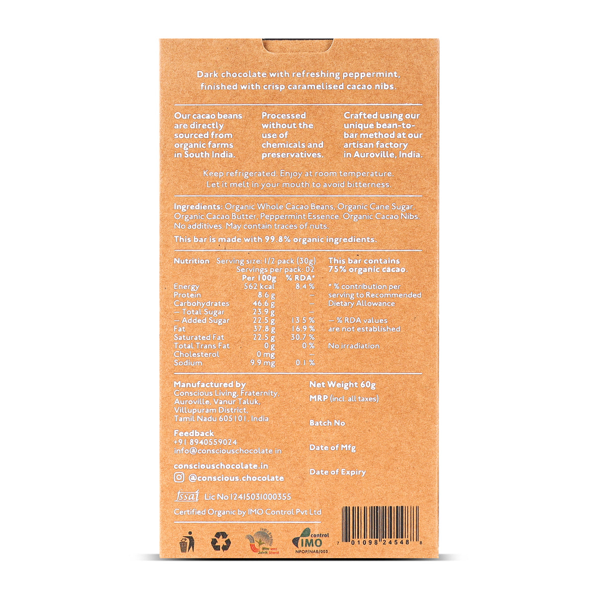 75% Dark Chocolate with Peppermint & Sweet Nibs, 60g