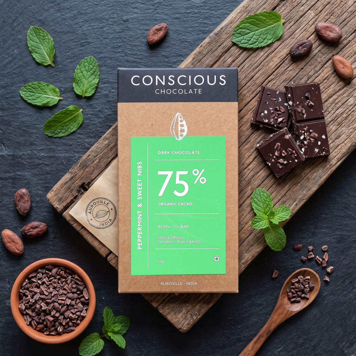 75% Dark Chocolate with Peppermint & Sweet Nibs, 60g
