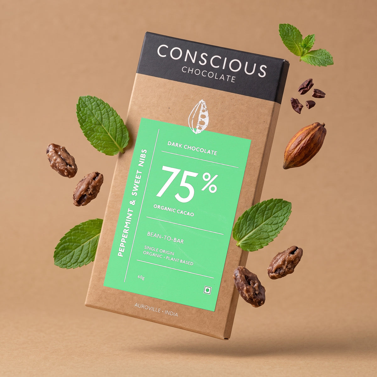 75% Dark Chocolate with Peppermint & Sweet Nibs, 60g