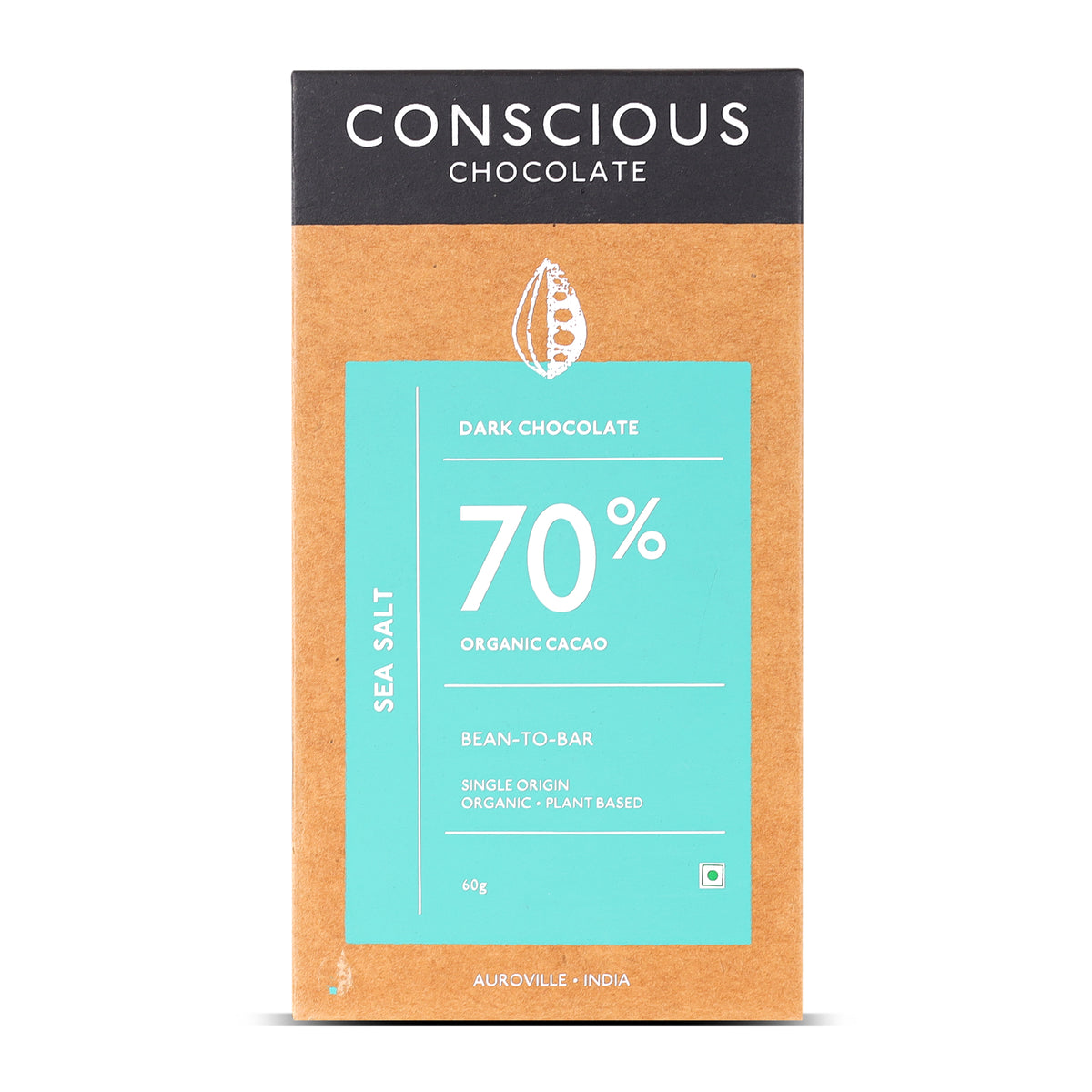 70% Sea Salt Dark Organic Exotic Artisanal Chocolate Bar, 60g