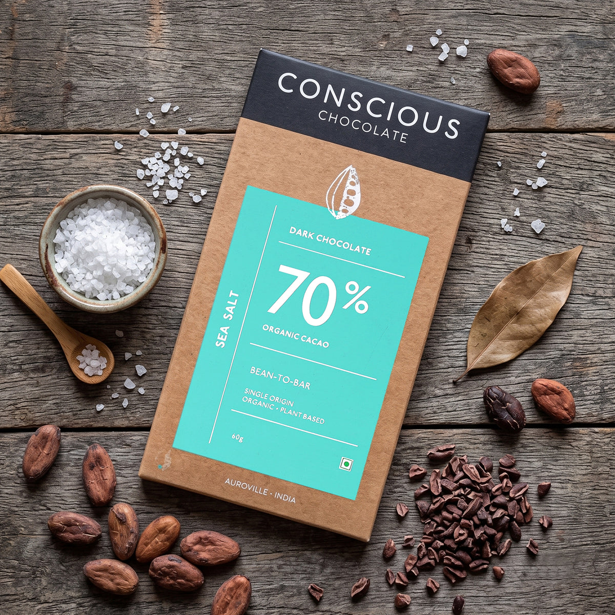 70% Sea Salt Dark Organic Exotic Artisanal Chocolate Bar, 60g