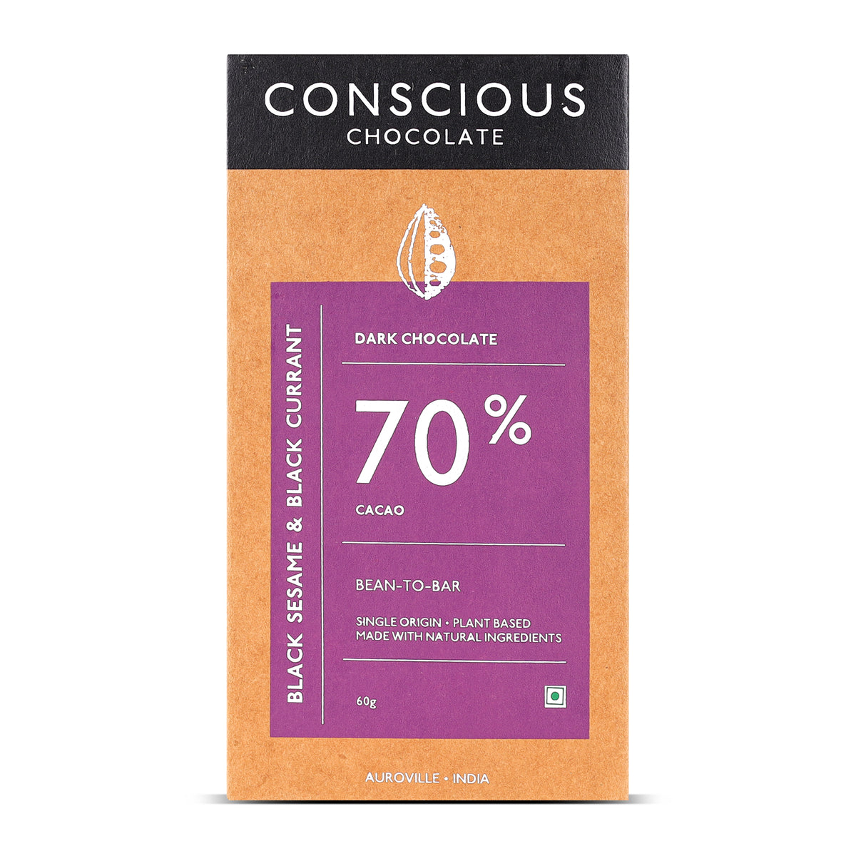 70% Black Sesame & Black Currant Dark Artisanal Chocolate Bar, 60g