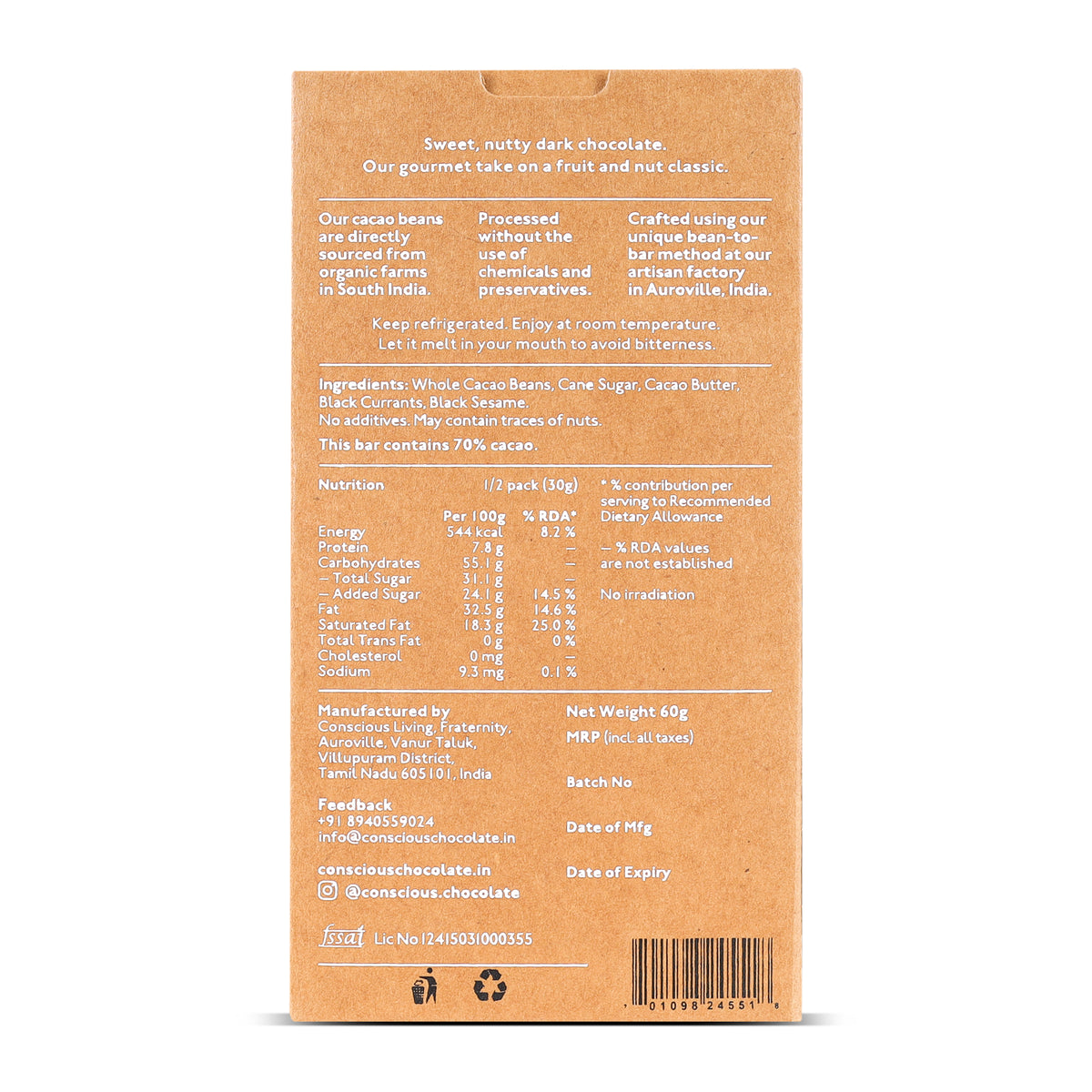 70% Black Sesame & Black Currant Dark Artisanal Chocolate Bar, 60g