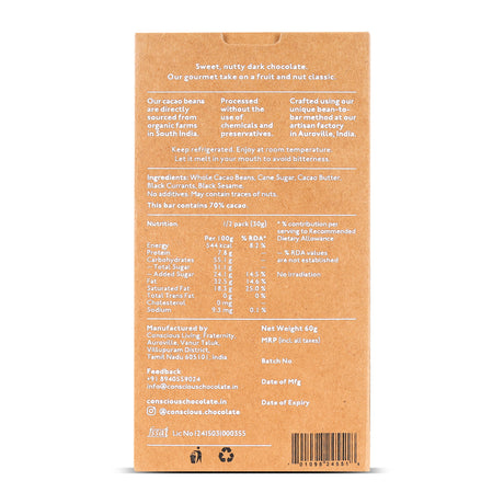 70% Black Sesame & Black Currant Dark Artisanal Chocolate Bar, 60g