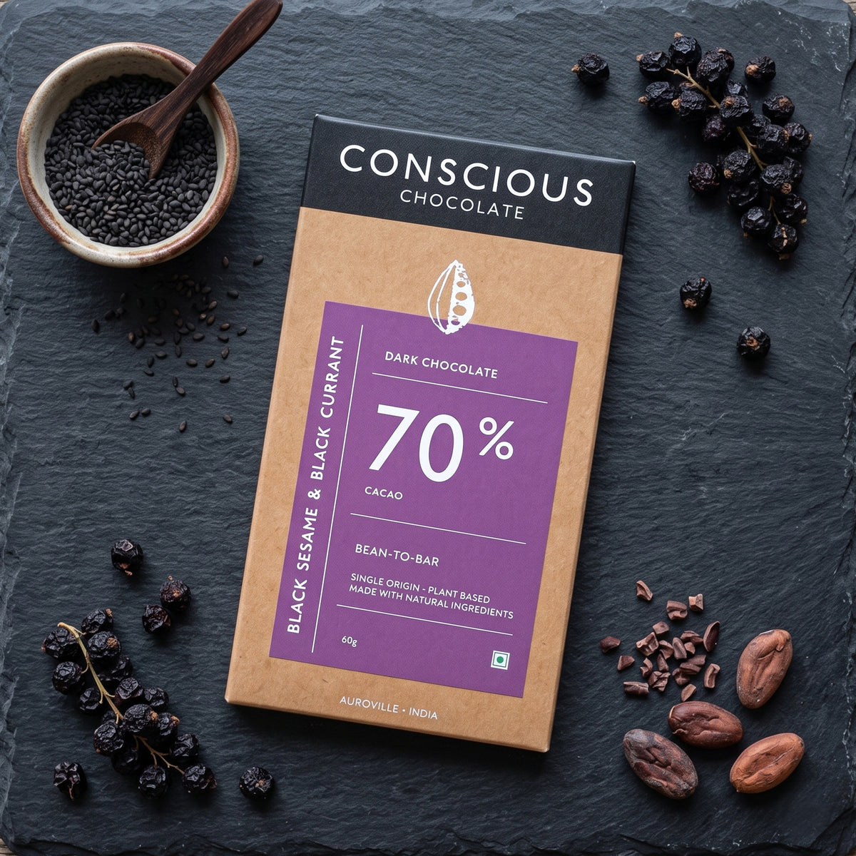 70% Black Sesame & Black Currant Dark Artisanal Chocolate Bar, 60g
