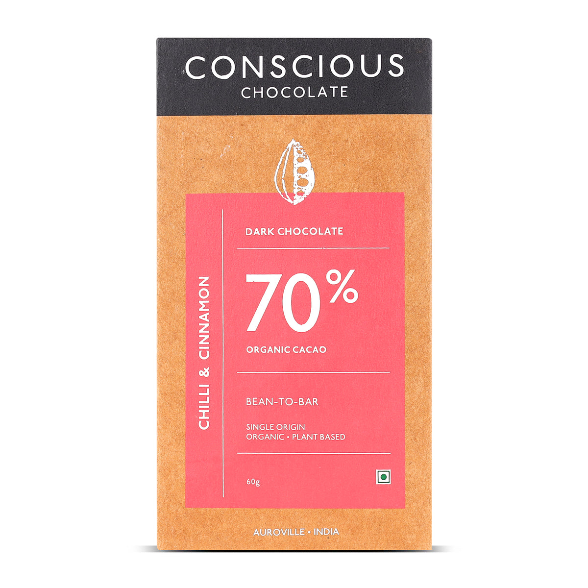 70% Chilli and Cinnamon Dark Organic Artisanal Chocolate Bar, 60g