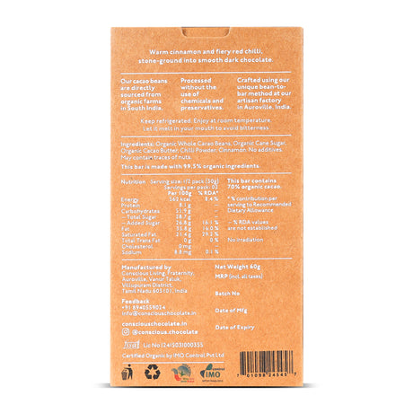 70% Chilli and Cinnamon Dark Organic Artisanal Chocolate Bar, 60g
