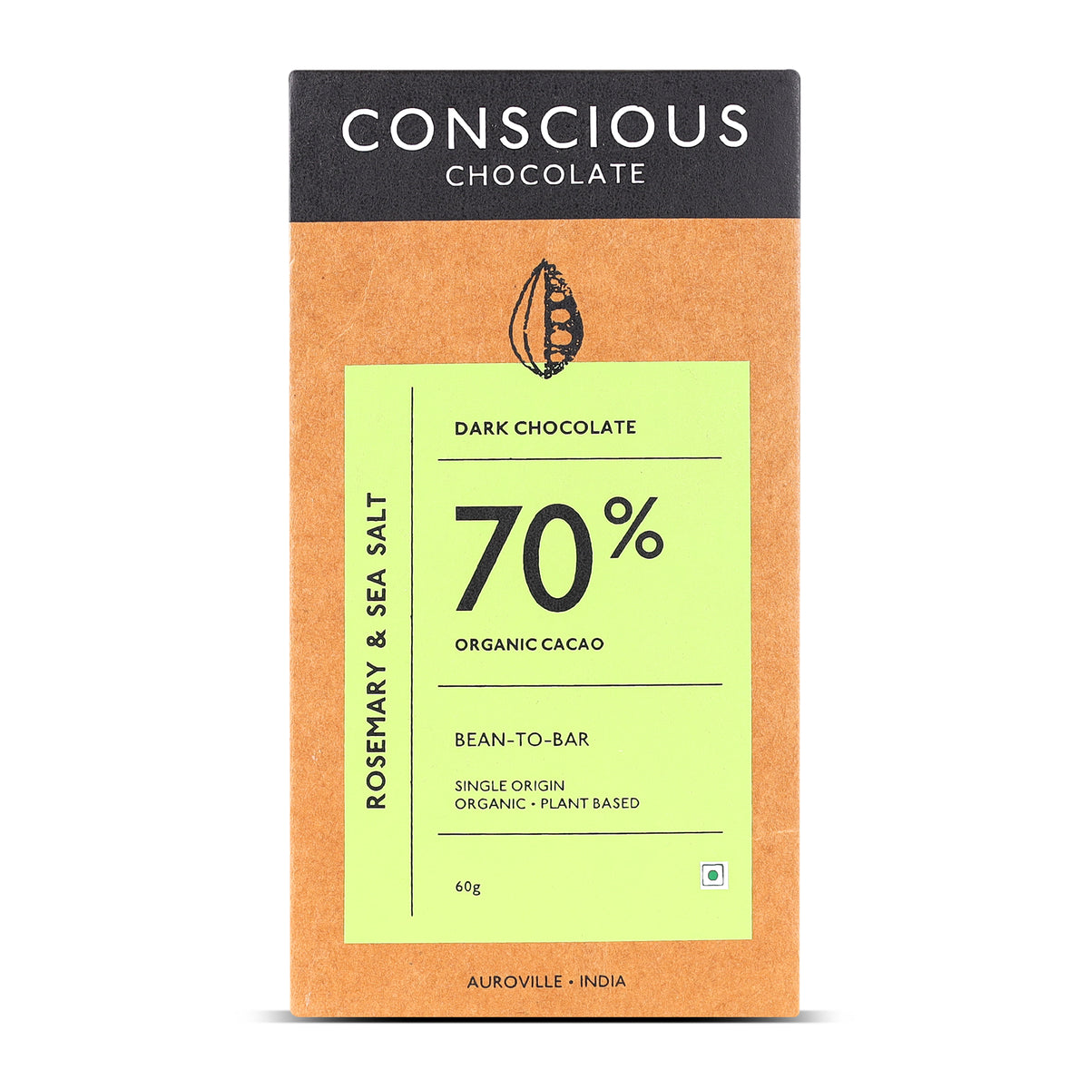 Organic 70% Rosemary and Sea Salt Dark Chocolate Bar, 60g