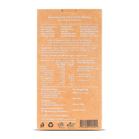 Organic 70% Rosemary and Sea Salt Dark Chocolate Bar, 60g