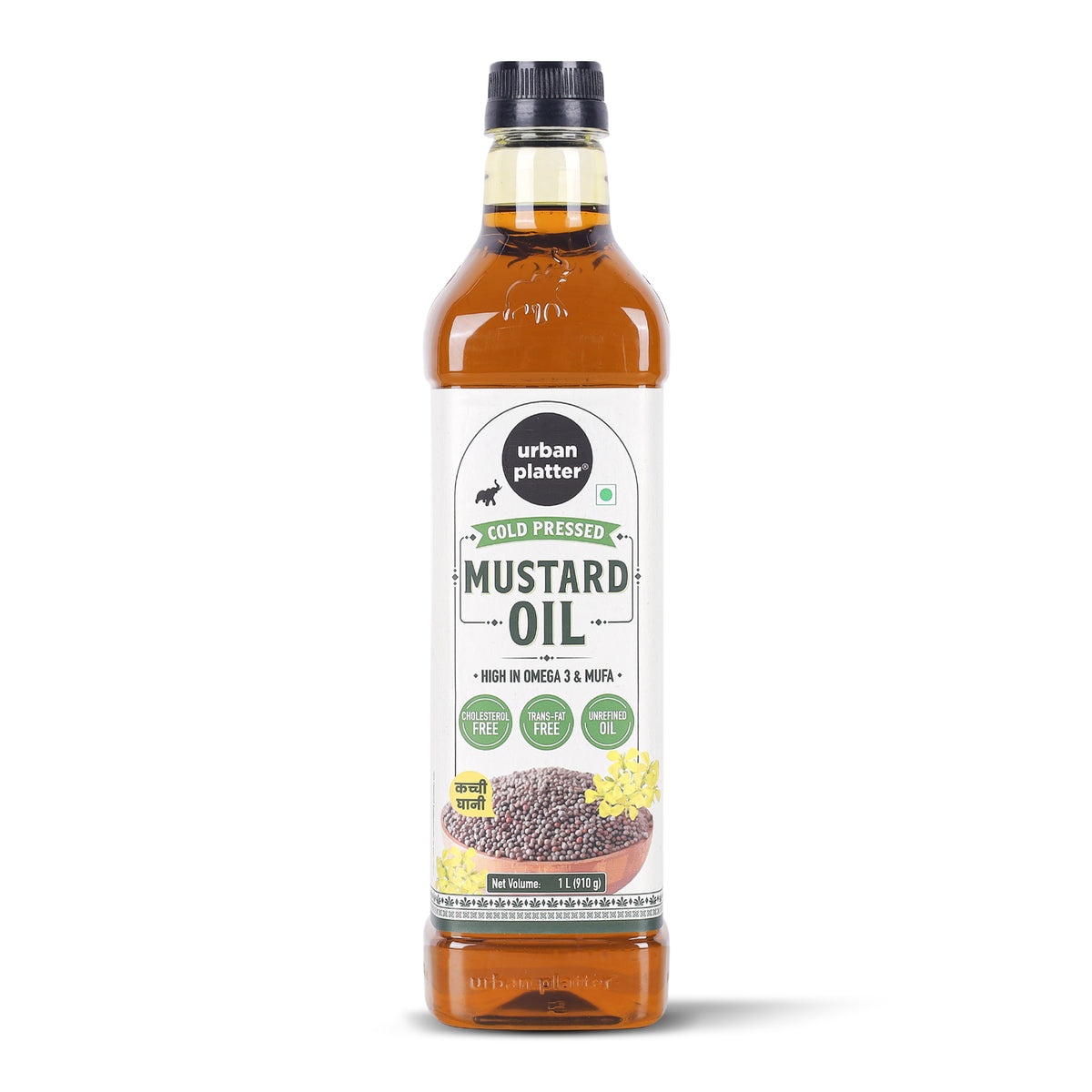 Mustard Oil, 1L (Unrefined Kacchi Ghaani Sarson Oil, High in Omega-3 & MUFA, Cholesterol Free & Trans-Fat Free | Indian Cooking Oil)