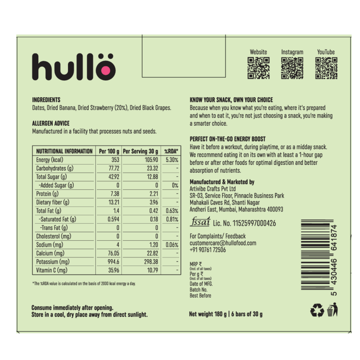 The Only Fruit Bar - Strawberry, 180g (6x30g)