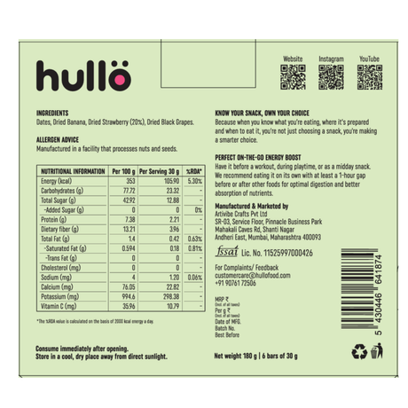 HULLO The Only Fruit Bar - Strawberry, 180g (6x30g)