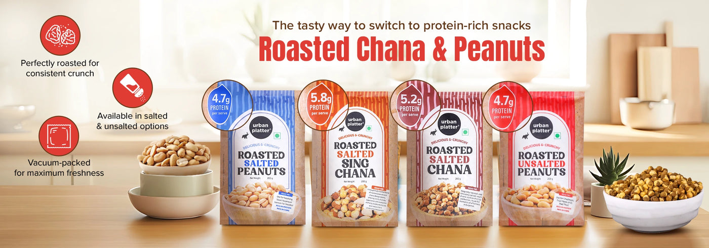 Protein snack packages with roasted chana and peanuts on a wooden surface.