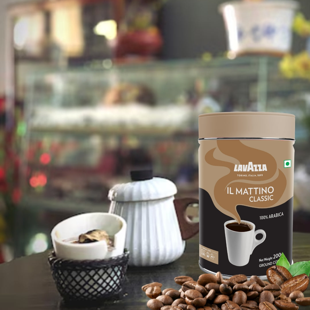 Lavazza Il Mattino Classic |Pure Ground Coffee | Premium Arabica | Medium Roast | Notes of Cereals & Cocolates| Intensity 5 | 200g Tin