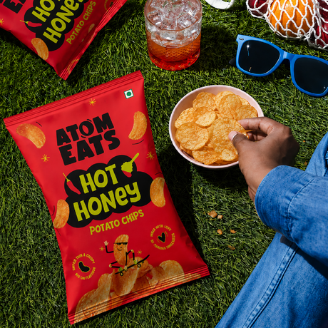 Atom Eats Hot Honey Potato Chips, 60g (Crispy Potato Chips, Sweet & Spicy Honey Chilli Flavor, Bold Crunchy Snack)