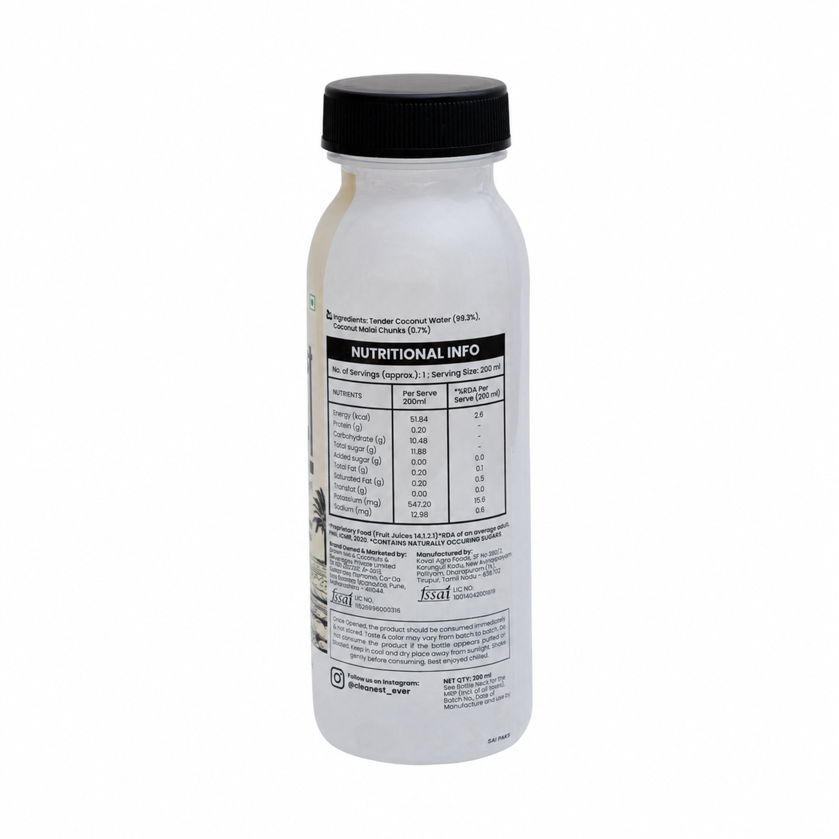 100% Natural Tender Coconut Water with Malai Chunks - 200ml, Pack of 4 (No Added Sugar, No Preservatives)