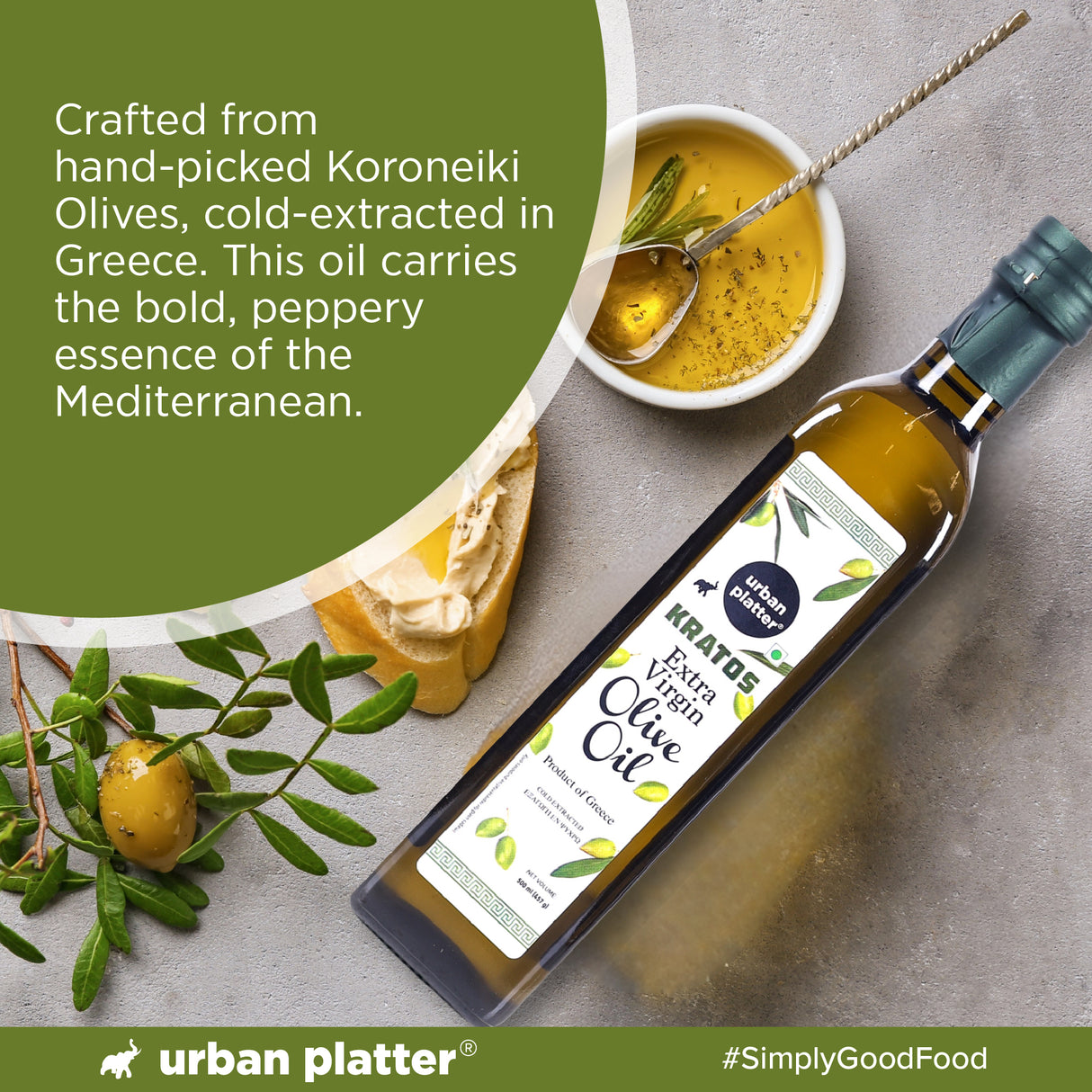 Urban Platter Kratos Cold Pressed Extra Virgin Olive Oil, 500ml (Made in Greece, Single Variety Koroneiki Olives, Rich in Anti-oxidants)