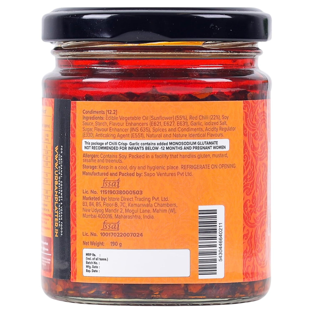 Urban Platter Chilli Garlic Crisp, 190g (Crunchy Chilli and Garlic in Sunflower Oil | Versatile Condiment | Spicy | Savoury)
