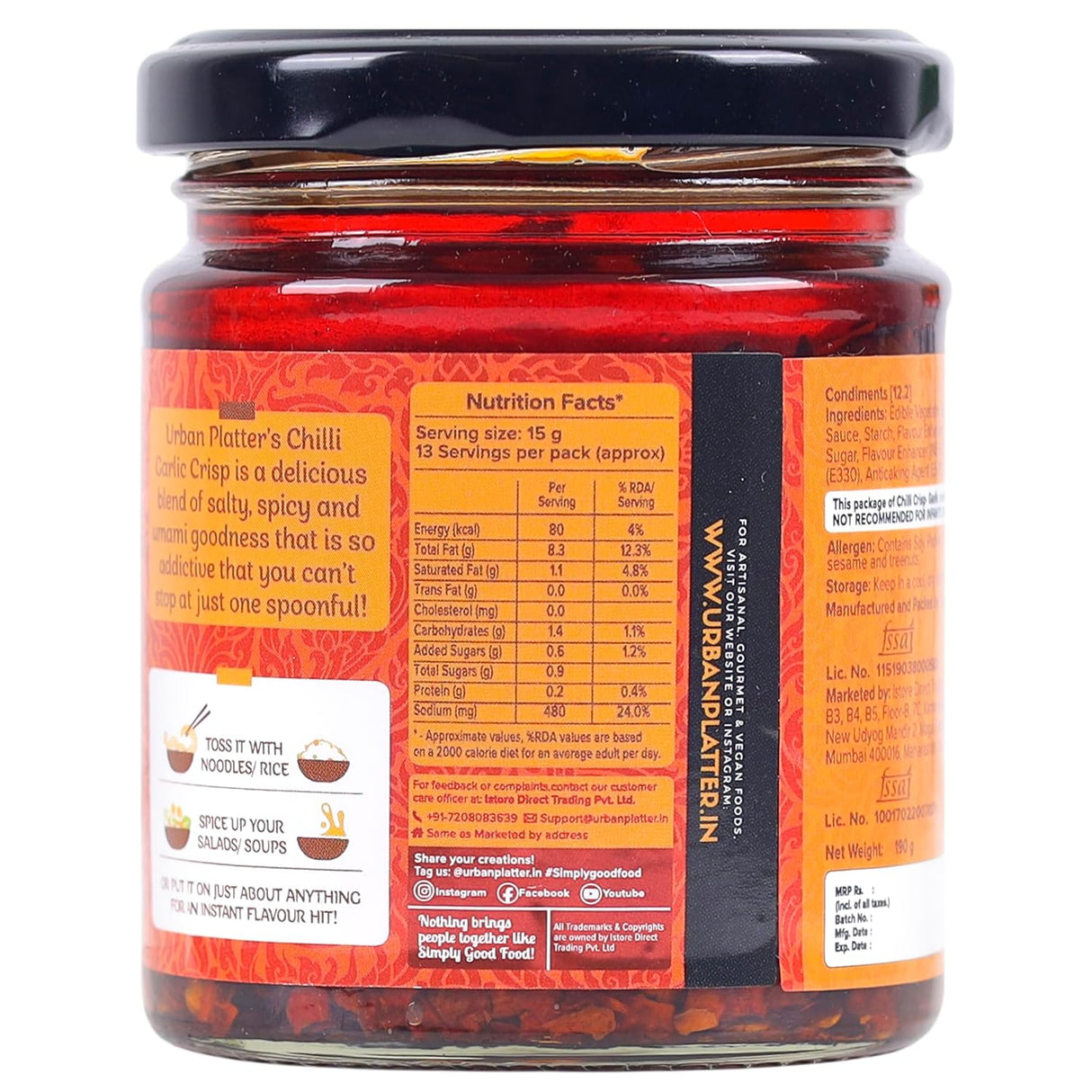 Urban Platter Chilli Garlic Crisp, 190g (Crunchy Chilli and Garlic in Sunflower Oil | Versatile Condiment | Spicy | Savoury)