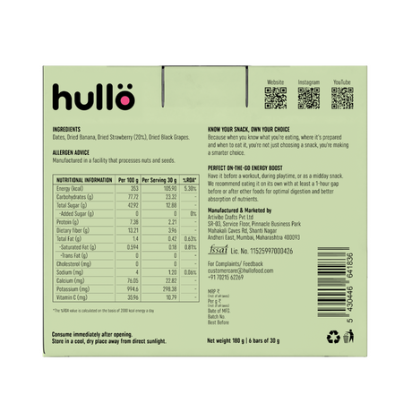 HULLO The Only Fruit Bar - Strawberry, 180g (6x30g)