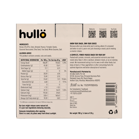 HULLO The Nuts & Seeds Bar - Honey, 180g (6x30g)