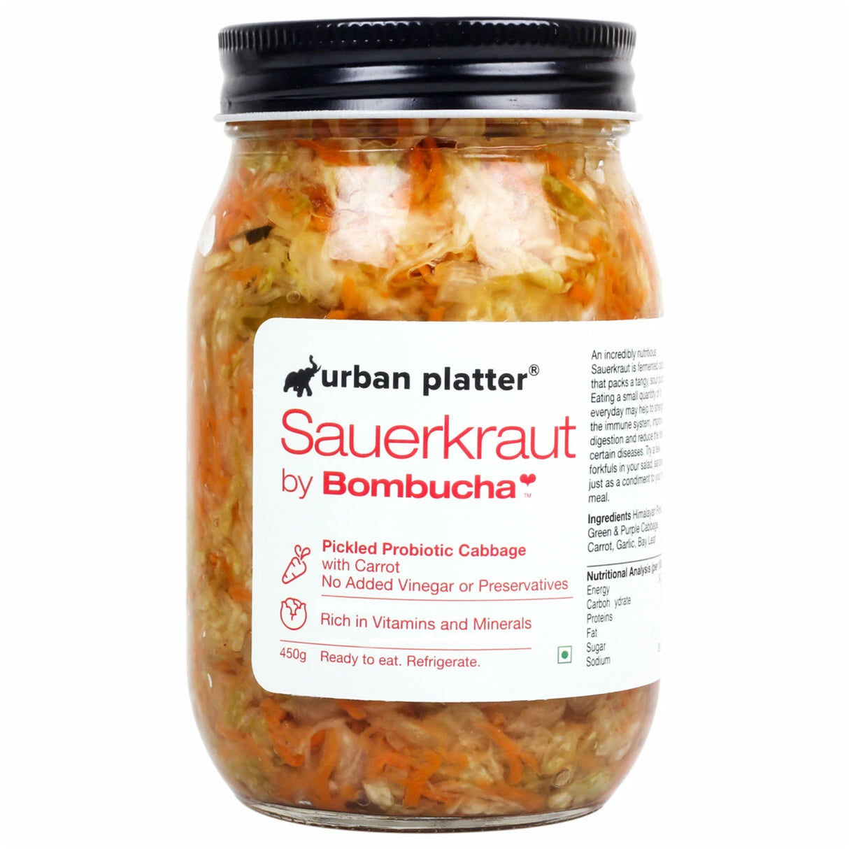 Urban Platter Sauerkraut Original Pickled Probiotic Cabbage with Carrot, 450g / 15.8oz [Raw, Organic | Powered by Bombucha]