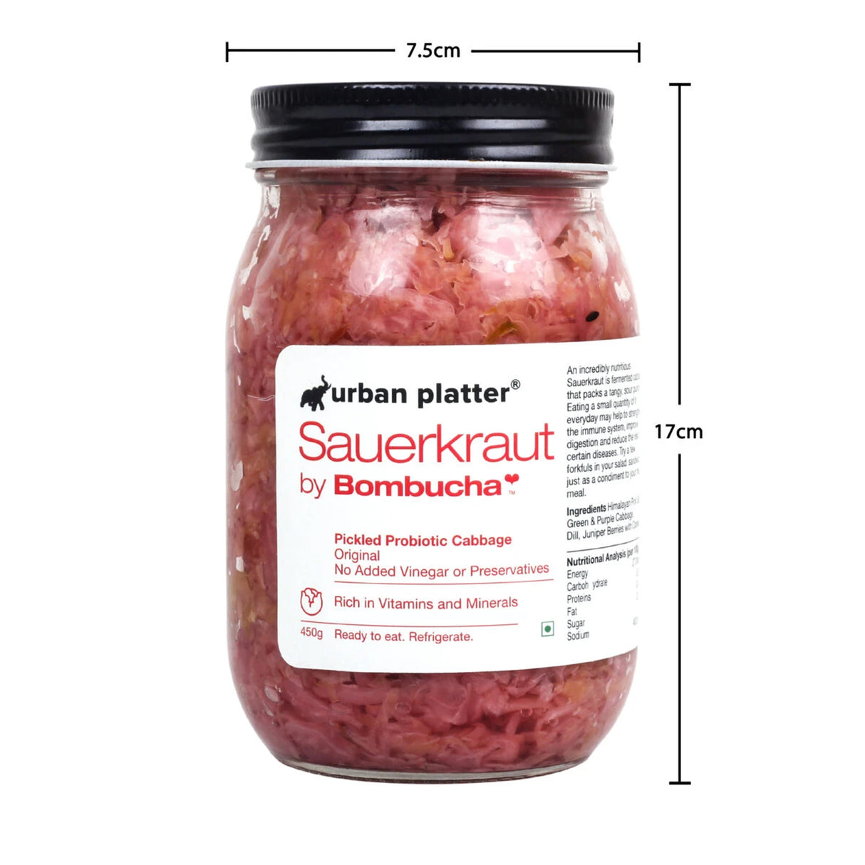 Urban Platter Sauerkraut Original Pickled Probiotic Cabbage, 450g / 15.8oz [Raw, Organic | Powered by Bombucha]