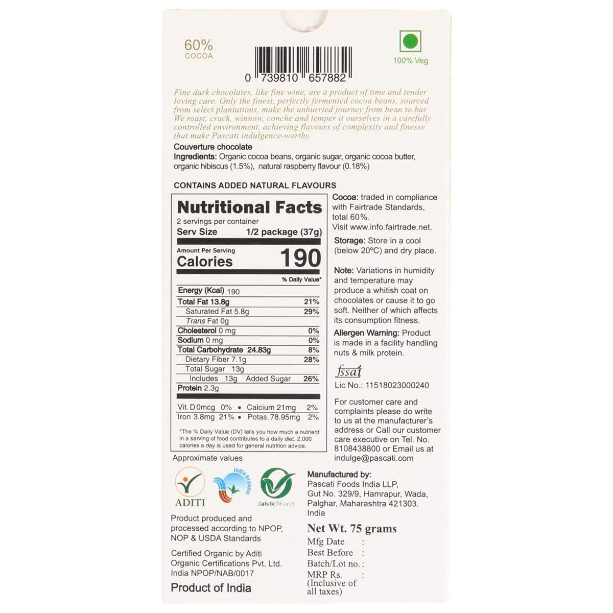 Pascati Chocolates Raspberry & Hibiscus Dark Usda Organic Chocolate, 90g